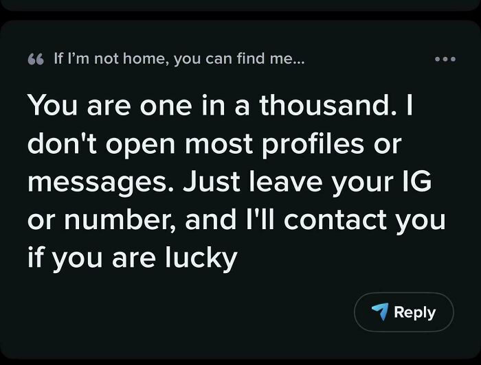 A profile screenshot showing a toxic man's bio demanding women leave their contact information to be contacted if lucky.