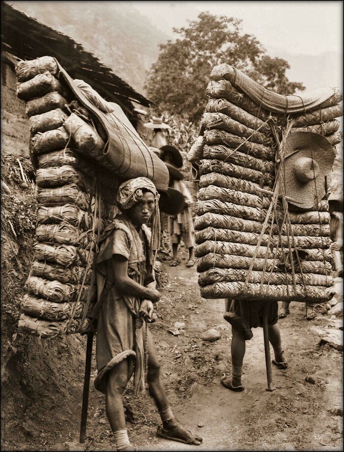 Historical photos of two people carrying large, woven bundles on their backs.
