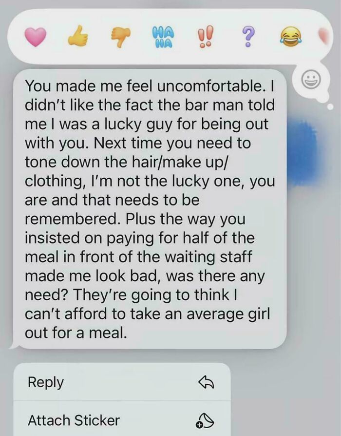 A screenshot of a message from a toxic man making a woman uncomfortable, complaining about how she dressed and paid for a meal.
