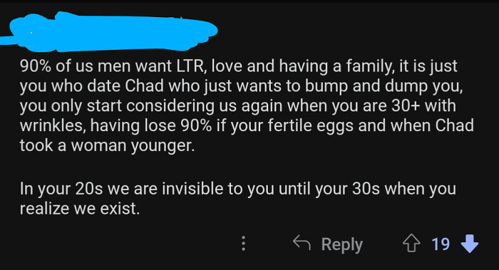 A screenshot showing a toxic man messaging uncomfortable comments about women's age, fertility, and dating choices.