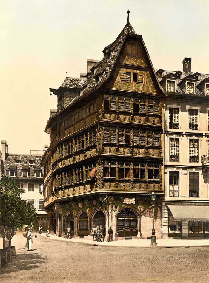 A beautiful historical photo showing the Maison Kammerzell, a medieval building in Strasbourg, France.