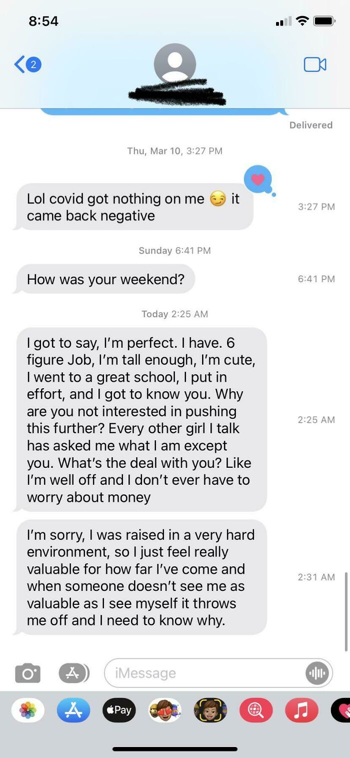 A screenshot showing an uncomfortable and disappointed woman's text message response from a toxic man.