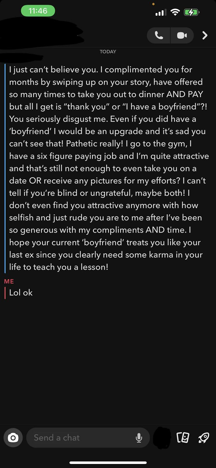A screenshot showing an uncomfortable and disappointed woman's text message response from a toxic man.