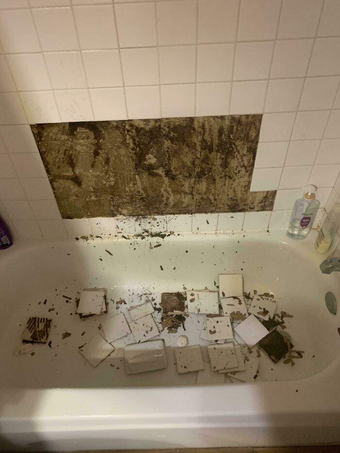 Image of a bathtub with missing tiles and debris. People ask for help fixing things.