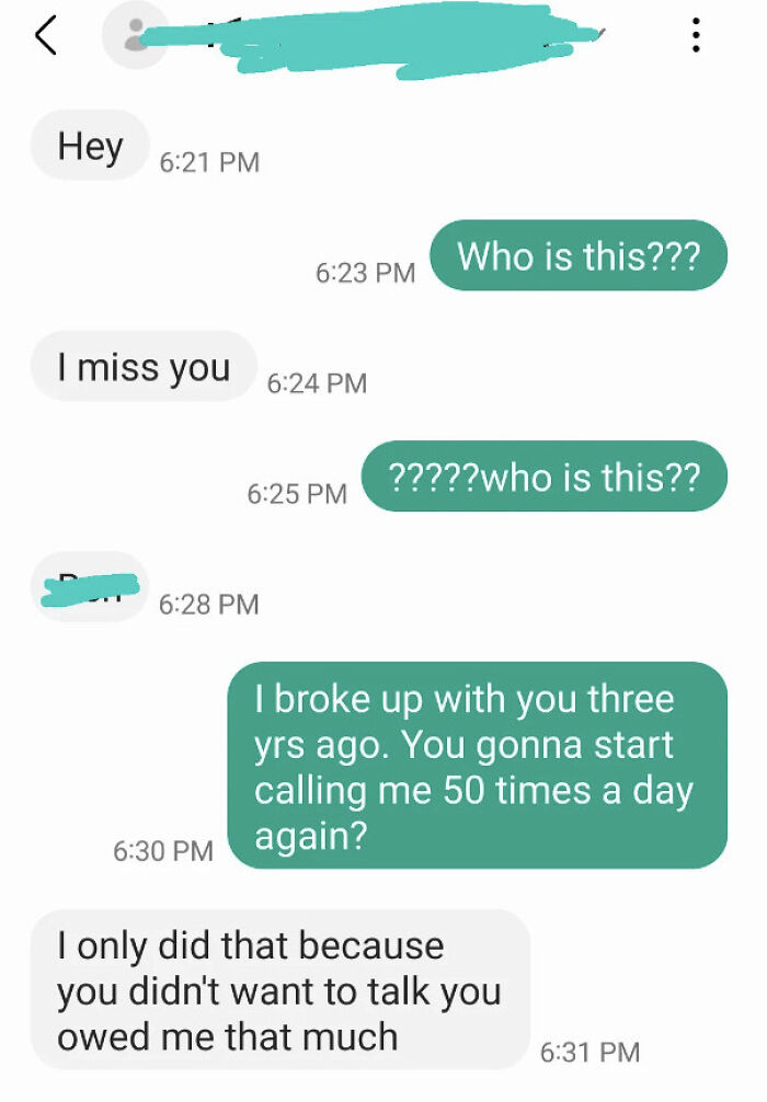 A screenshot showing toxic men in a text exchange, where a woman is uncomfortable with a man trying to reconnect after three years.