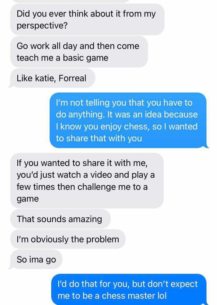 A screenshot of a conversation with a toxic man making women feel uncomfortable and disappointed about sharing a game idea.