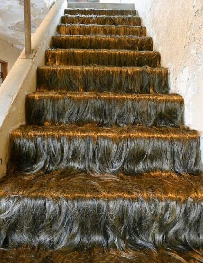 A construction fails image showing stairs covered in long, shaggy brown and grey carpet, resembling hair.