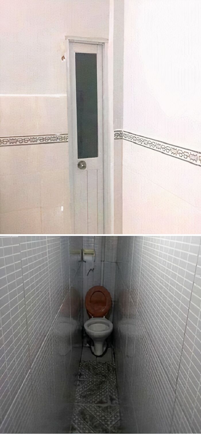 Two images of a narrow and impractical bathroom, highlighting significant construction fails and poor design choices.