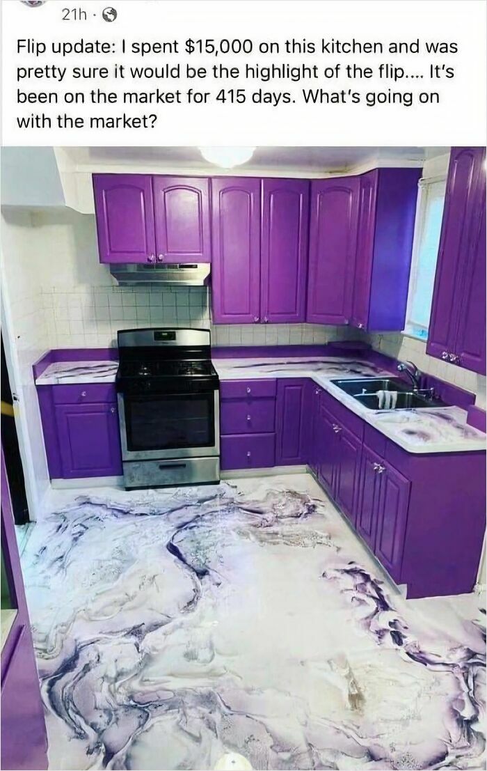 A purple kitchen with an unusual floor, showcasing construction fails that make it difficult to sell.