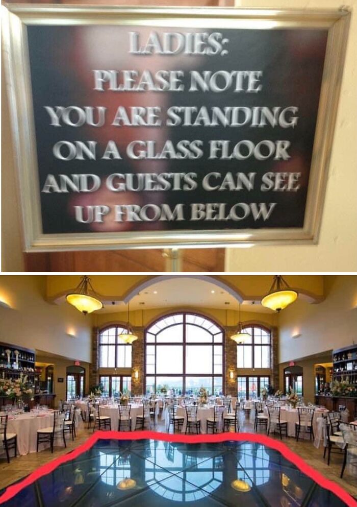 A sign warning ladies about a glass floor at a fancy event, a construction fail.