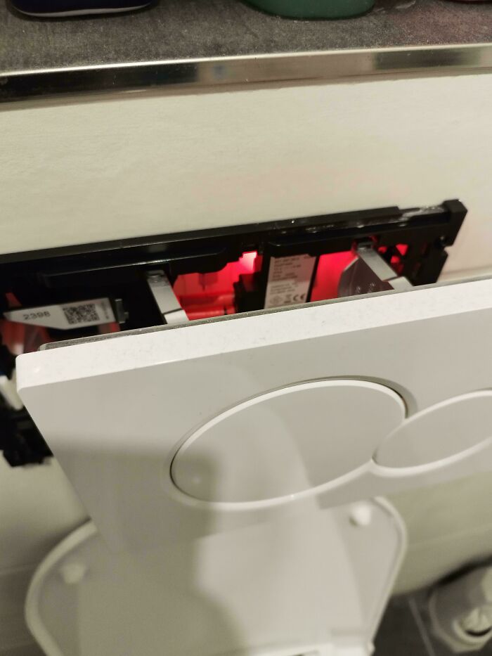 A toilet flush plate with exposed red wiring, representing things that need fixing.