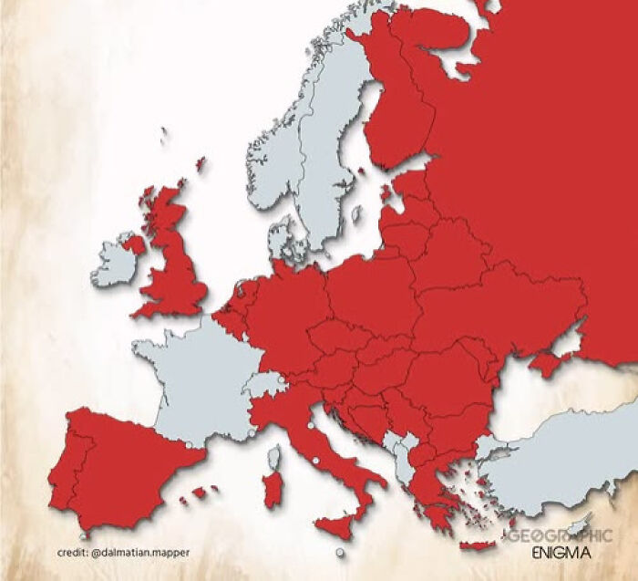 A brilliant map of Europe highlighting countries with red for unknown criteria, proving geography is cool.