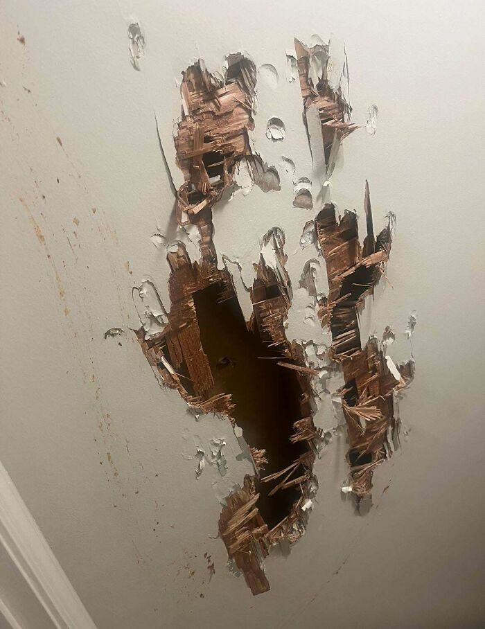 A large, ragged hole in a white ceiling with exposed wood, indicating significant damage requiring help fixing.