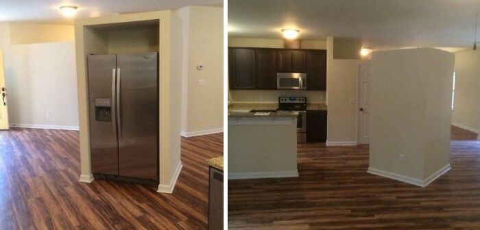A refrigerator inexplicably placed in the middle of a room, a poor construction fail layout.
