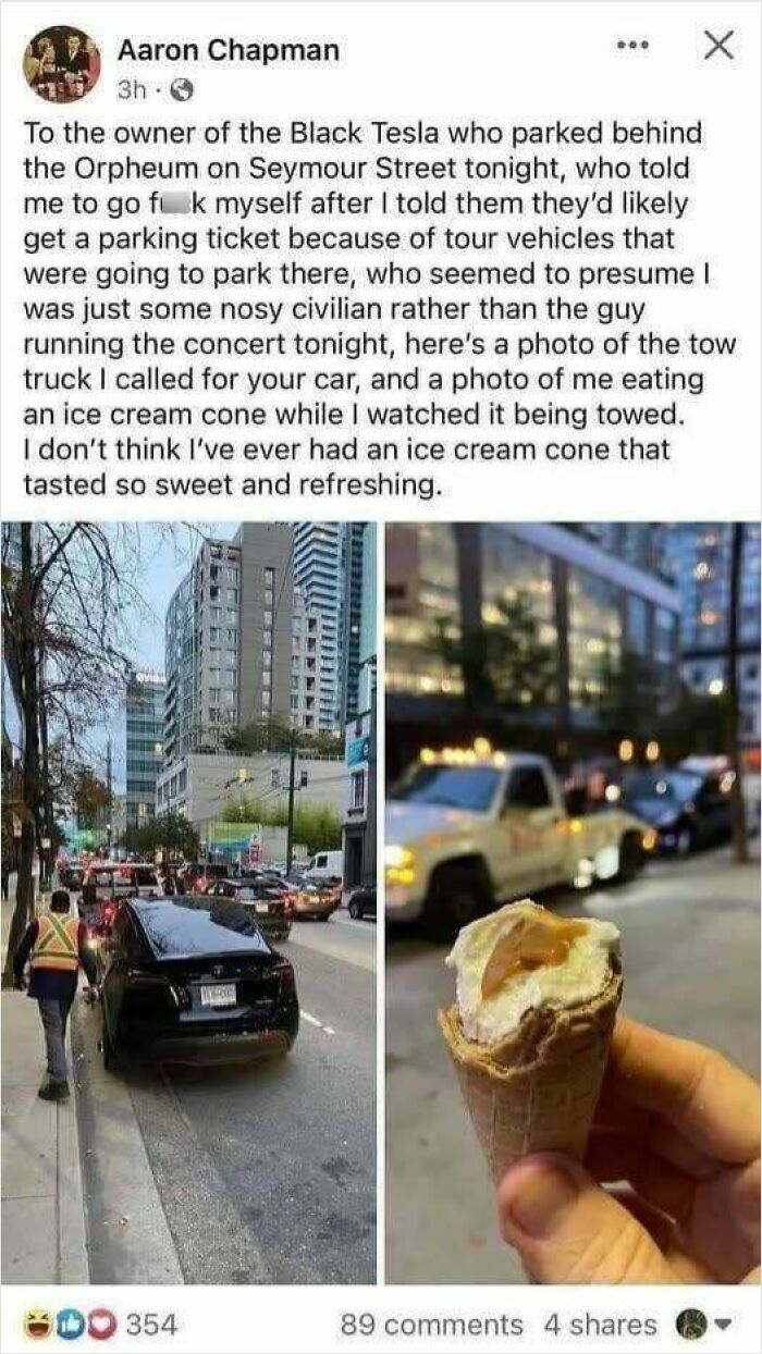 A social media post detailing petty revenge on a Tesla owner, including a tow truck and an ice cream cone.