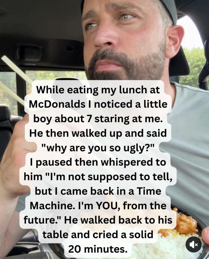 Man takes petty revenge on a rude child, whispering he is the child from the future, making him cry.