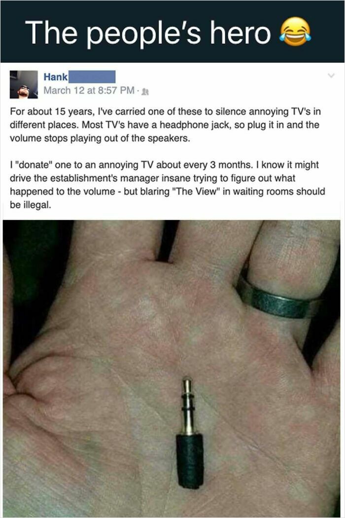 A hand holding a headphone jack with a social media post about using it for petty revenge to silence annoying TVs in public.
