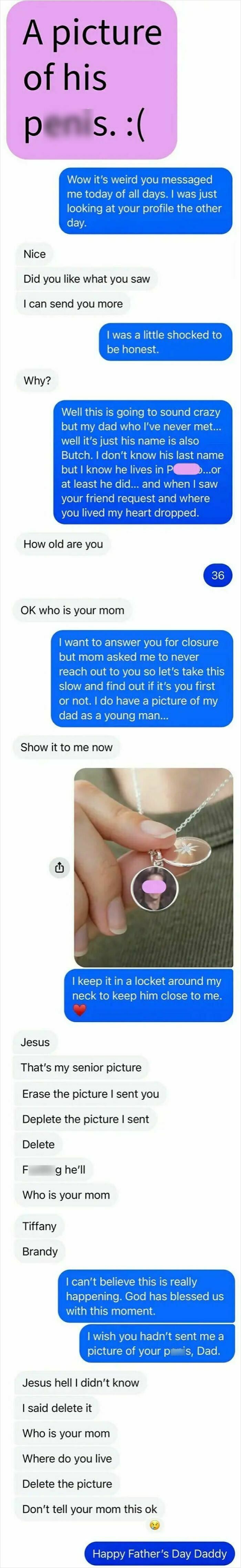 Text conversation revealing accidental father sent picture, shocking reply