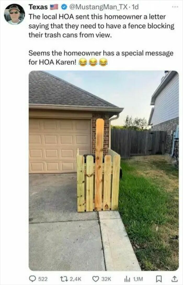 A homeowner shows a petty act of revenge with a fence shaped like a middle finger aimed at the HOA.