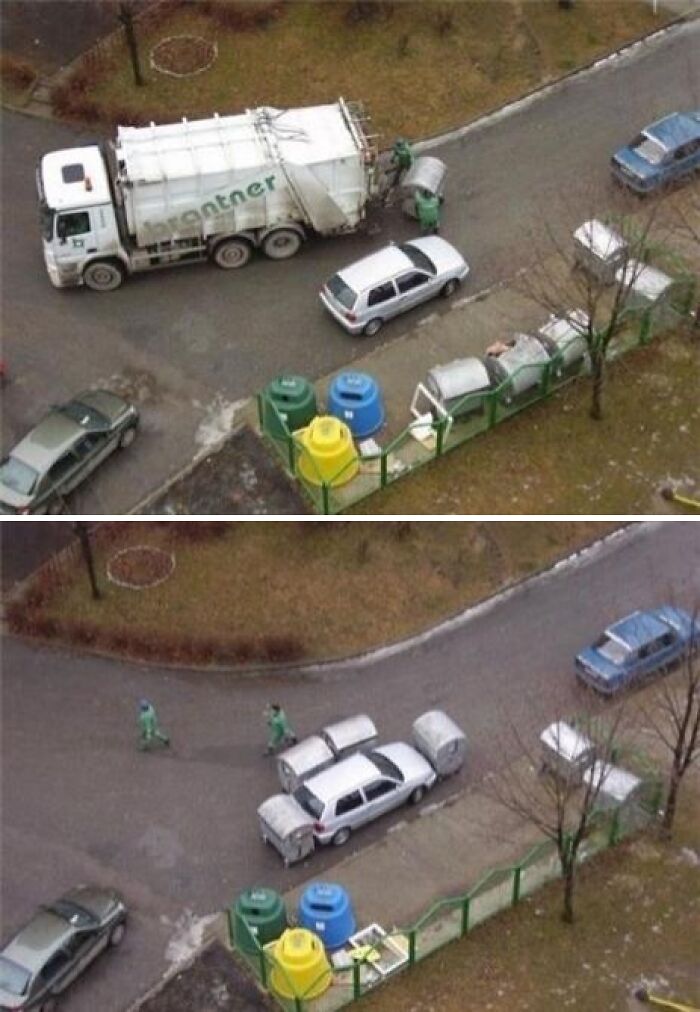 Garbage men take petty revenge on a badly parked car by surrounding it with dumpsters, blocking it in.
