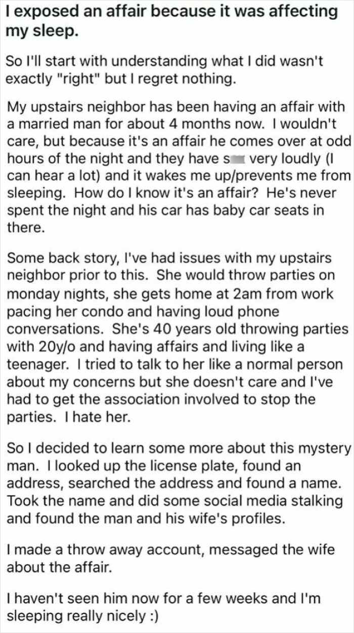 A story about a person exposing an affair affecting their sleep, demonstrating petty revenge.