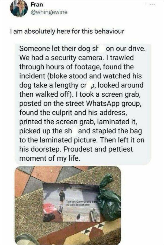 A laminated screenshot of a man watching his dog p**p, stapled to a bag of dog p**p, left as petty revenge.