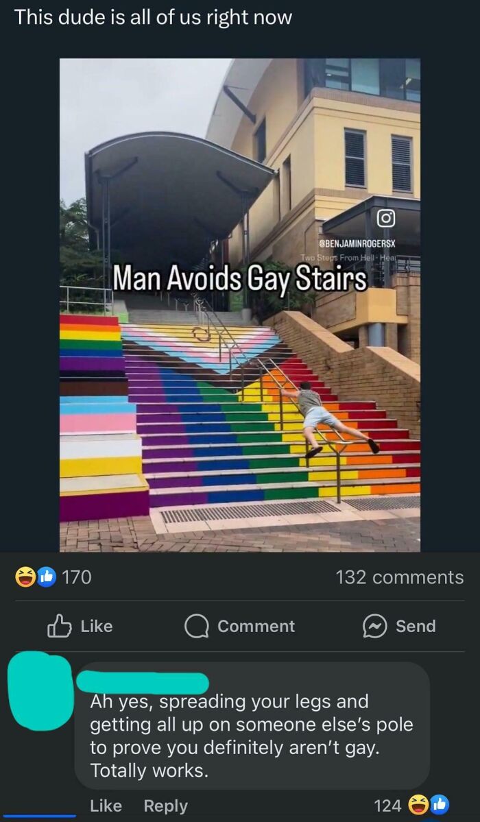 Funny and savage comments section on a Facebook post about avoiding gay stairs, displaying amusing examples of checking the comments section.