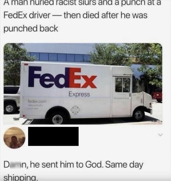 A FedEx delivery truck with a news headline and funny comments section about a driver's altercation.