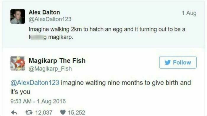 A funny example from the comments section about hatching a Magikarp. This is a funny example.