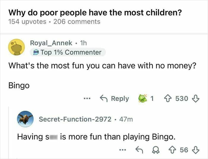 A Reddit post about why poor people have many children, featuring a savage comments section.