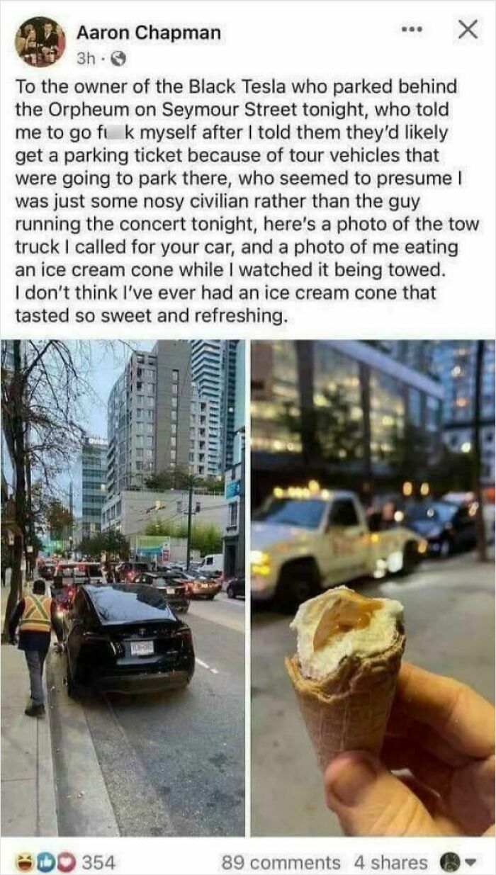 A split image of a black Tesla being towed, parked poorly on a street, and an ice cream cone held in hand.