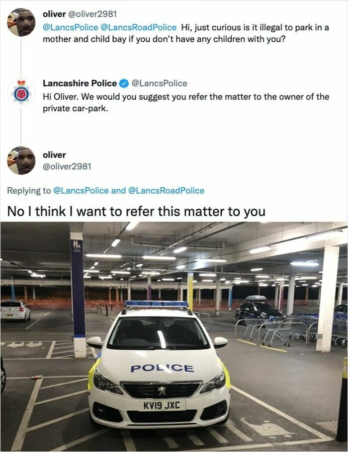 A police car parked in an underground lot, with a social media conversation about illegal parking in a family bay. License concern.