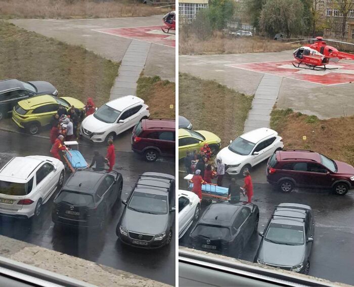 An ambulance helicopter trying to land in a crowded parking lot, highlighting parking issues near emergency services.