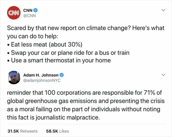 Screenshot of tweets about climate change, where CNN got busted for lying about corporations' responsibility.
