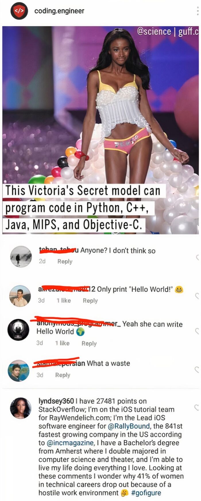 A post about a Victoria's Secret model coding, with a comment from a software engineer, a funny screenshot of someone busted for lying.