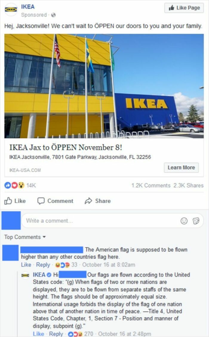 A screenshot showing IKEA Jacksonville being busted for lying about American flag display rules.
