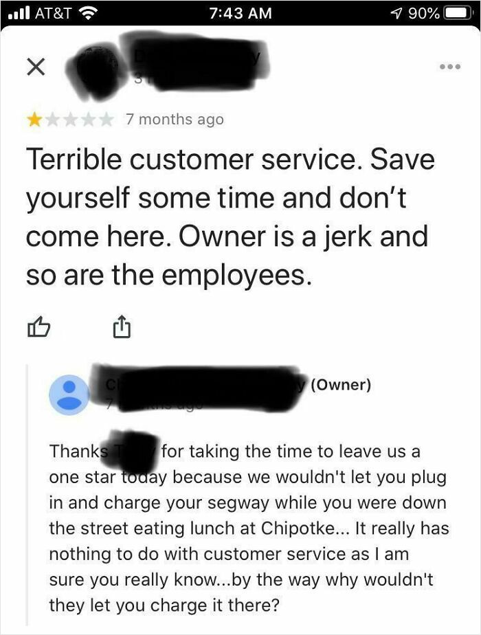 A screenshot showing a customer busted for lying about terrible service, revealing they were denied charging a Segway.