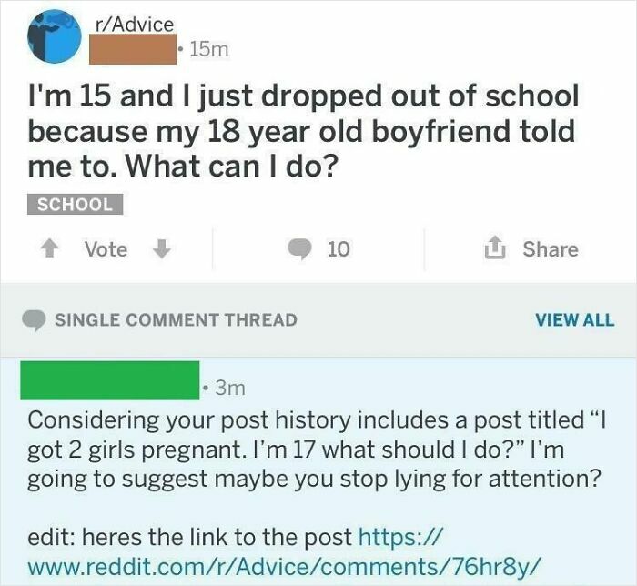 A screenshot showing a Reddit user busted for lying about dropping out of school in an embarrassing screenshot.