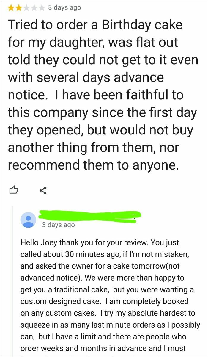 A screenshot showing a bakery owner busting a customer for lying about ordering a birthday cake in an embarrassing screenshot.