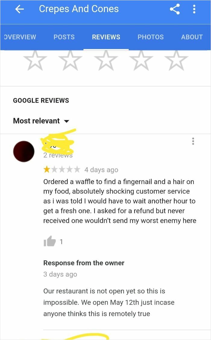 A Google review for Crepes And Cones where a customer is busted for lying about their experience.
