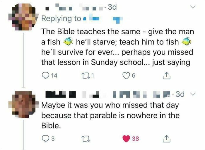 A screenshot of a Twitter conversation where someone got busted for lying about a Bible parable.