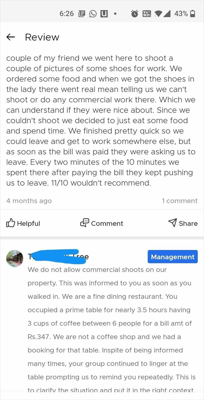 A hilariously embarrassing screenshot of a customer review and management response about a photo shoot at a restaurant.