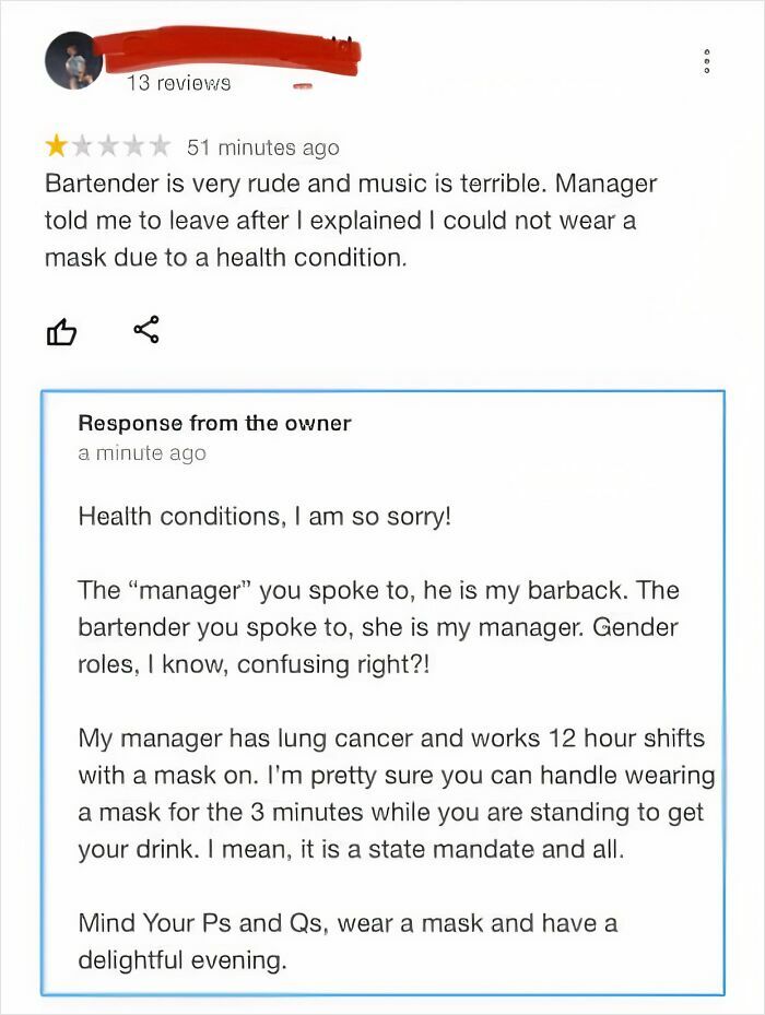 A restaurant review where the owner busts a customer for lying about a health condition, a funny screenshot.