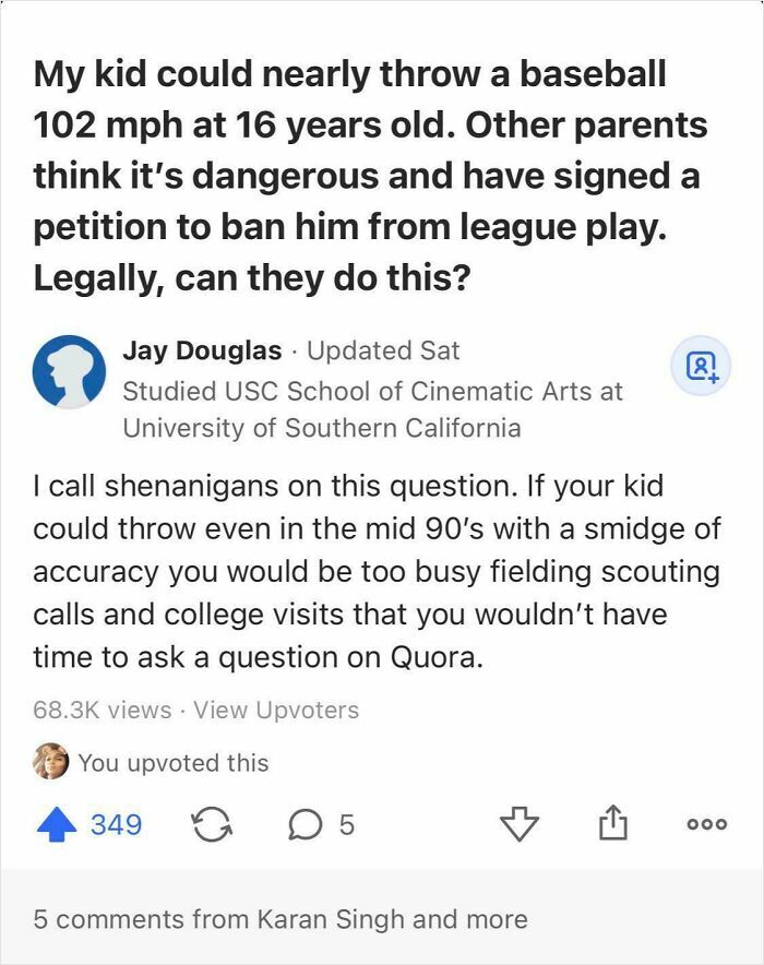 A hilariously embarrassing screenshot of a Quora question and answer debunking a parent's claim about their kid's baseball pitch.
