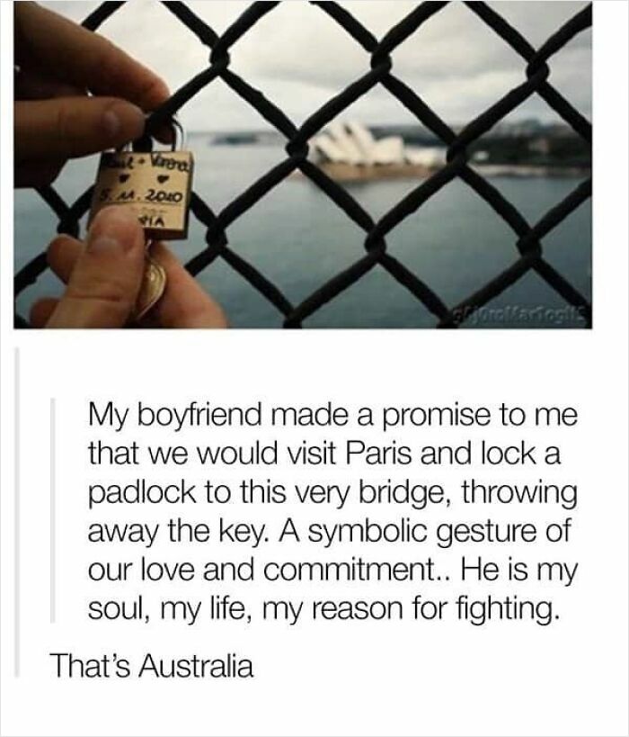 Hands holding a padlock on a fence, with a user claiming it's Paris, but is busted for lying as it's Australia.