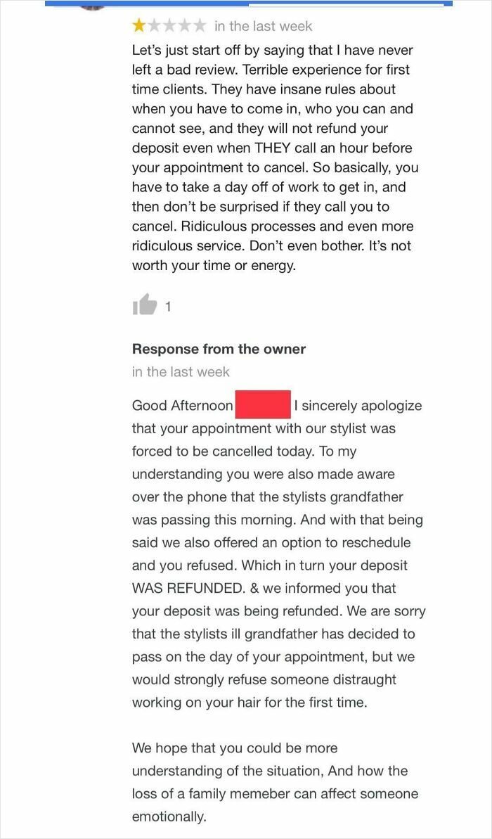Hilariously embarrassing screenshots depict a review where a client is busted for lying about a cancelled appointment and refund.