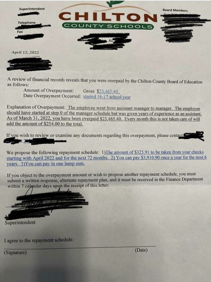 An official letter from Chilton County Schools informing an employee of an overpayment, illustrating a person having a worse day.