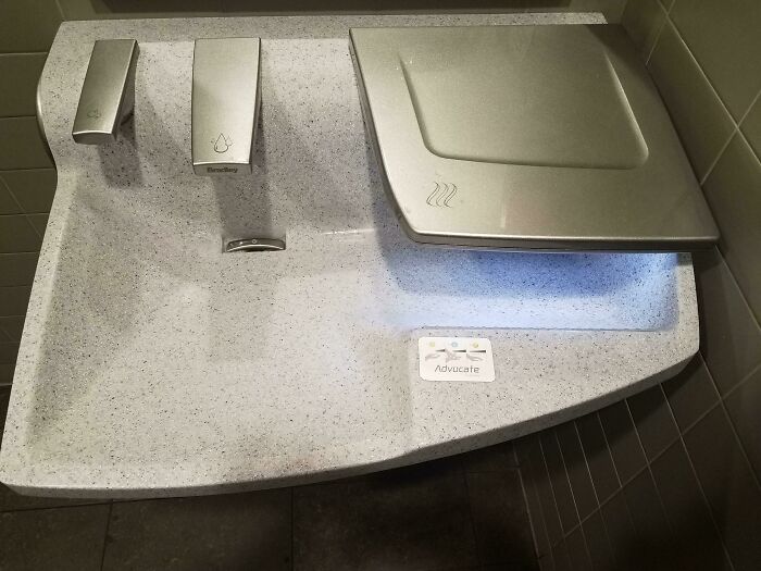 A brilliant all-in-one sink, soap, water, and hand dryer. Designers made using this ordinary thing enjoyable.