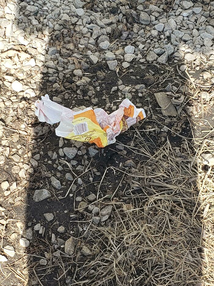 A discarded food wrapper on a gravel path, a scene of a worse day.