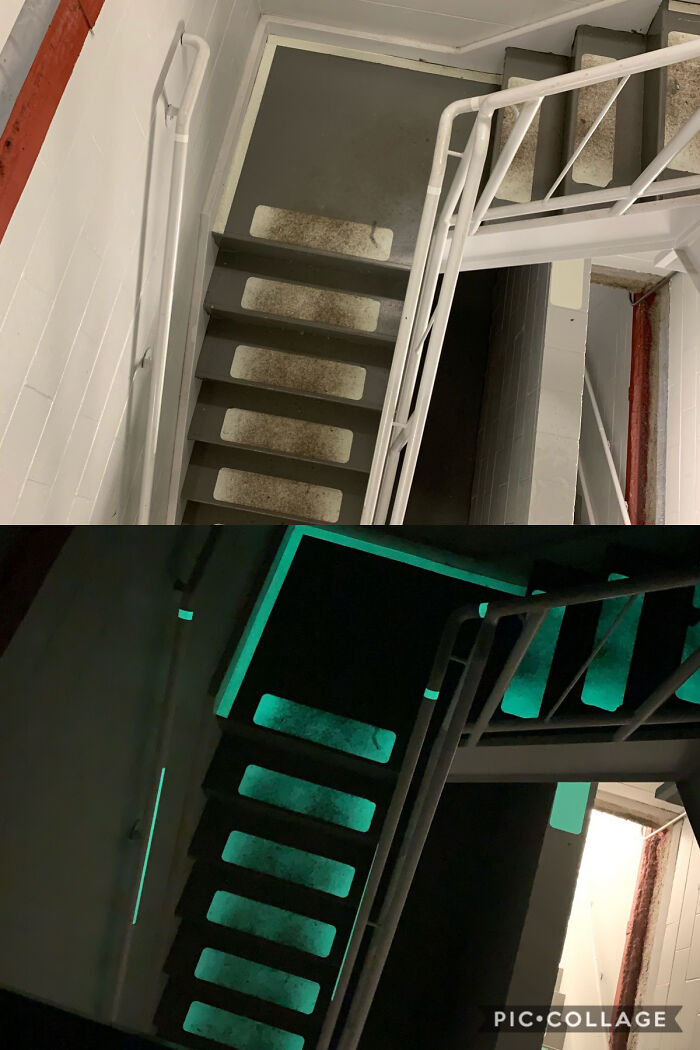 Stairs with glow-in-the-dark strips, an ordinary thing transformed brilliantly for safety and enjoyment.